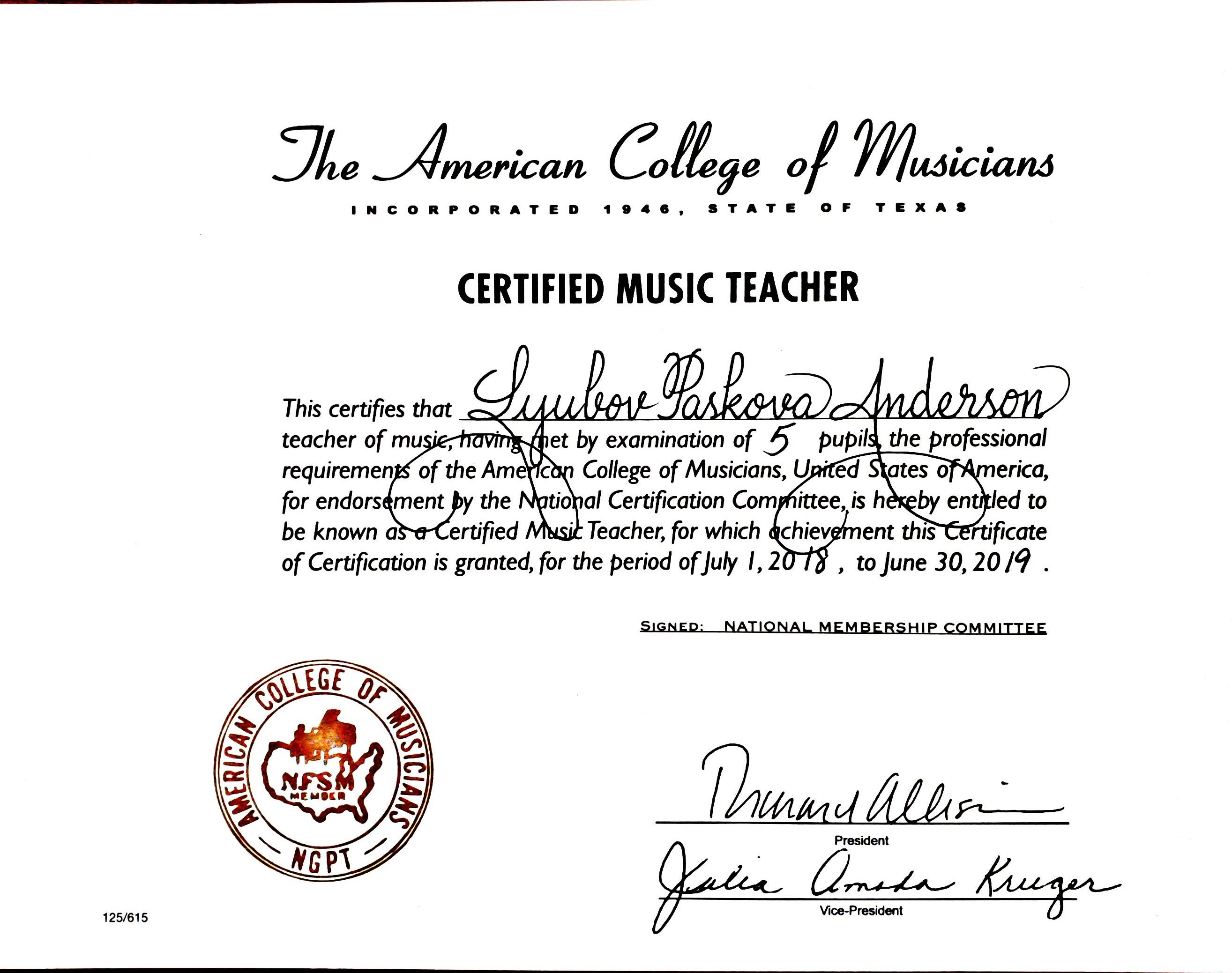 American college of Musicians, Certifited Teacher, 2018